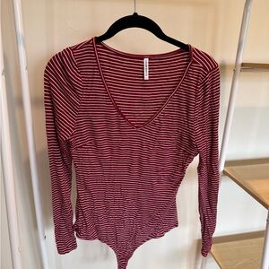 Lulu's Burgundy Striped V-Neck Bodysuit